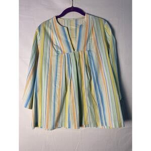 Vintage 70s Pastel Striped Cotton V-Neck Hippie Lightweight Top Womens Large